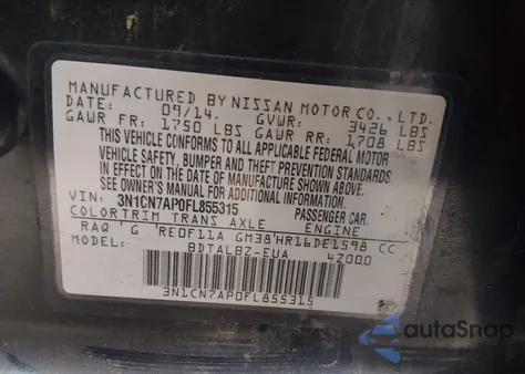 2015 Nissan Versa 1.6 S/1.6 S+/1.6 Sl/1.6 Sv z USA, uszkodzony, nr VIN 3N1CN7AP0FL855315